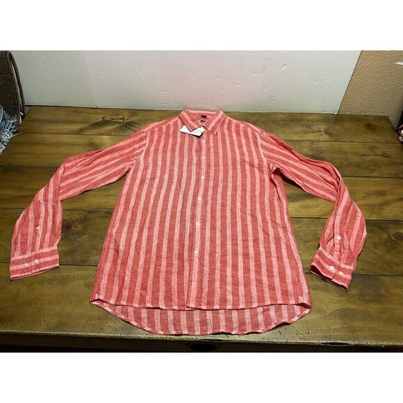 MICHAEL KORS Pink Red Linen Striped Shirt M Medium Slim Fit NWT - Picture 1 of 11